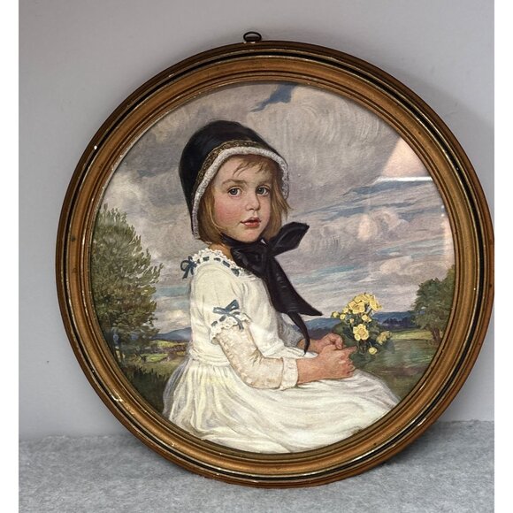 Vintage Framed Portrait Print of Little Girl in White Dress & Bonnet 1950s - Picture 1 of 4